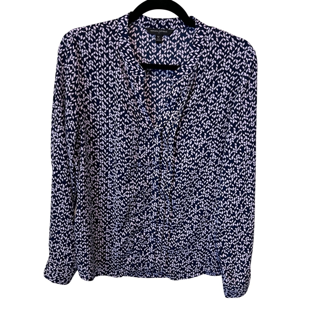 Banana Republic Navy Blue Geometric Print Long Sleeve Career tunic blouse medium